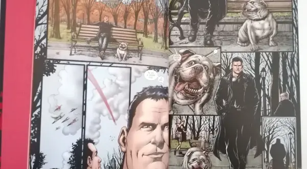 Los chicos en un parque otoñal, uno sentado en un banco con un bulldog, otro de pie con un perro.