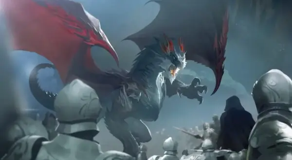 Un dragón furioso se cierne sobre caballeros armados, una escena épica de Lost Ark.