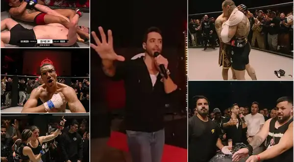 Lucha intensa en un torneo salvaje. Peleadores en el ring, un presentador y la ovación del público.