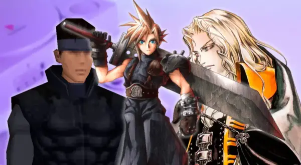 Personajes icónicos de los mejores juegos PS1: Snake, Cloud y Alucard.