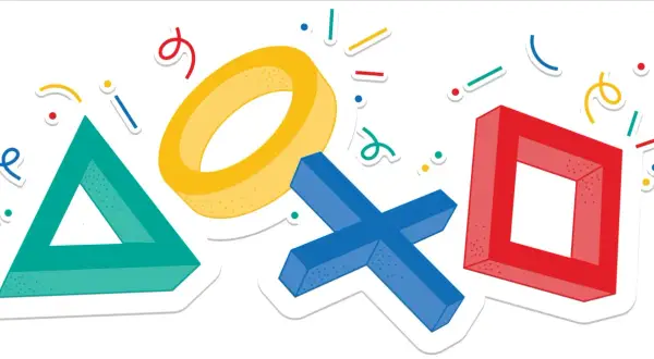 Los icónicos símbolos de PlayStation (triángulo, círculo, cruz y cuadrado) celebran un "playstation wrapped" con confeti y líneas de colores.