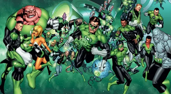 Un grupo diverso de Linternas Verdes de DC, liderados por Hal Jordan, se preparan para la batalla en el espacio.
