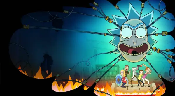 Rick y Morty temporada 8: La familia Smith se enfrenta a un Rick gigante en llamas, listo para una nueva aventura interdimensional.
