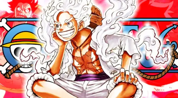 Luffy en su forma Gear 5, con cabello blanco y sonrisa radiante, rodeado de símbolos de One Piece. Muestra sus increíbles transformaciones.