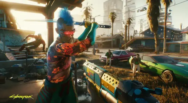 Un personaje con cresta azul y tatuajes florales empuña una katana, listo para la acción en este **guía Cyberpunk 2077**. Otros luchadores y coches futuristas completan la escena.