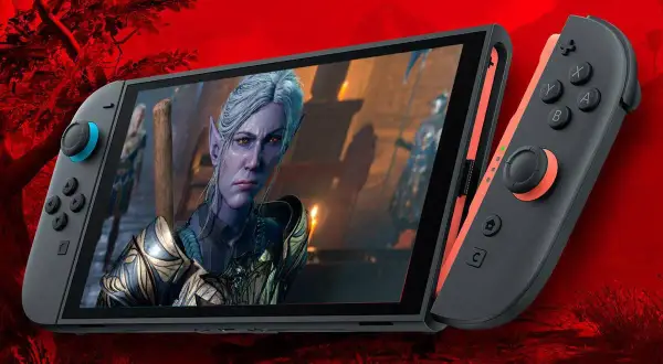 Nintendo Switch con un elfo de Baldur's Gate 3 en pantalla. ¡La aventura te espera!