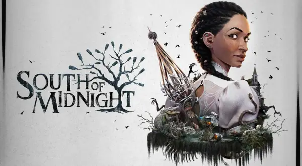 El título "South of Midnight" junto a una mujer con trenzas, un cocodrilo, esqueletos y una iglesia sombría.
