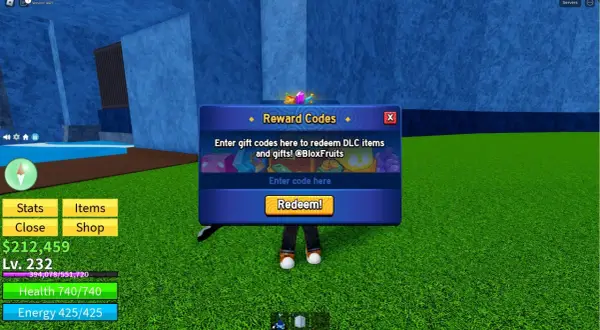 Ventana de códigos de Blox Fruits para canjear ítems y regalos.