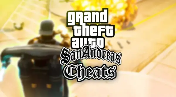 El logo de Grand Theft Auto San Andreas Cheats sobre una explosión y un personaje. ¡Descubre los trucos de GTA San Andreas en Switch!