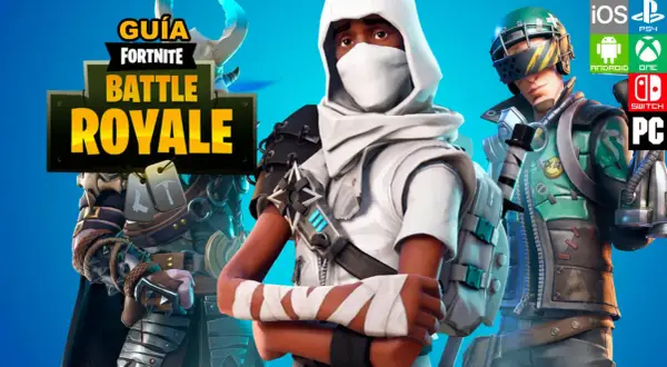 Guía de Fortnite Battle Royale con trucos para dominar el juego. Personajes con atuendos únicos y logos de plataformas disponibles.