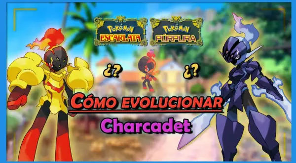 Charcadet evolucion: dos Pokémon armados, uno amarillo y otro morado, flanquean a su forma base.