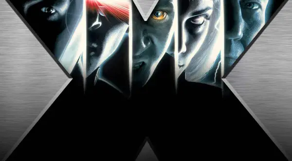 Los rostros de los X-Men, incluyendo a Cíclope disparando su rayo óptico, se muestran en un diseño con la letra "X".