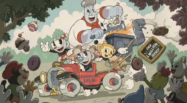 Cuphead y Mugman en su coche de reparto, ¡listos para más juegos cooperativos PS5! Un chef gigante prepara dulces mientras un cartel anuncia "Más de 1 millón servidos".