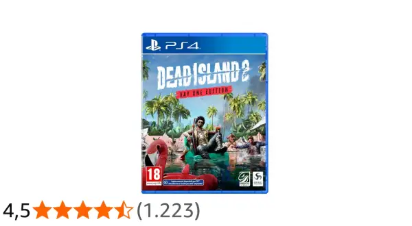 Caja del videojuego Dead Island 2 para PS4, edición Day One. Un personaje descansa en una piscina con un flamenco rosa, rodeado de palmeras.