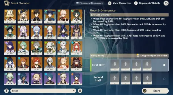 Selección de personajes para una Genshin Impact tier list, mostrando héroes de nivel 90 y la configuración de equipo.