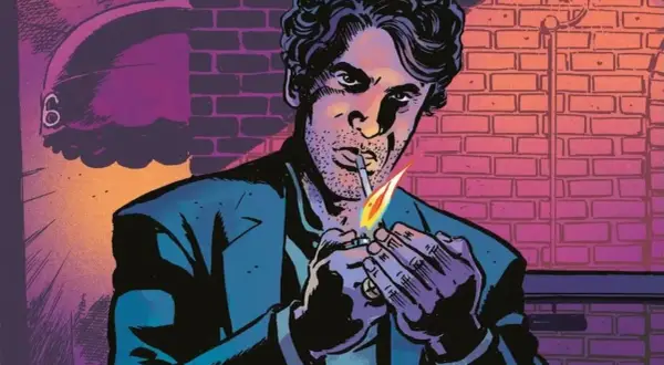 Un hombre con cabello rizado, parecido al profesor X, enciende un cigarrillo con un encendedor. Fondo de ladrillos y luz morada.