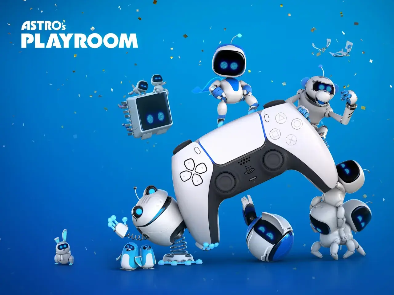 Astro y sus amigos celebran con confeti, rodeando un control de PS5. ¡Una imagen divertida para tus juegos gratis PS5!