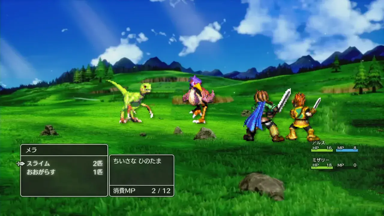 Un combate épico en un campo verde, con un dinosaurio y un pájaro enfrentando a dos guerreros. Un **golden sun remake** cobra vida.