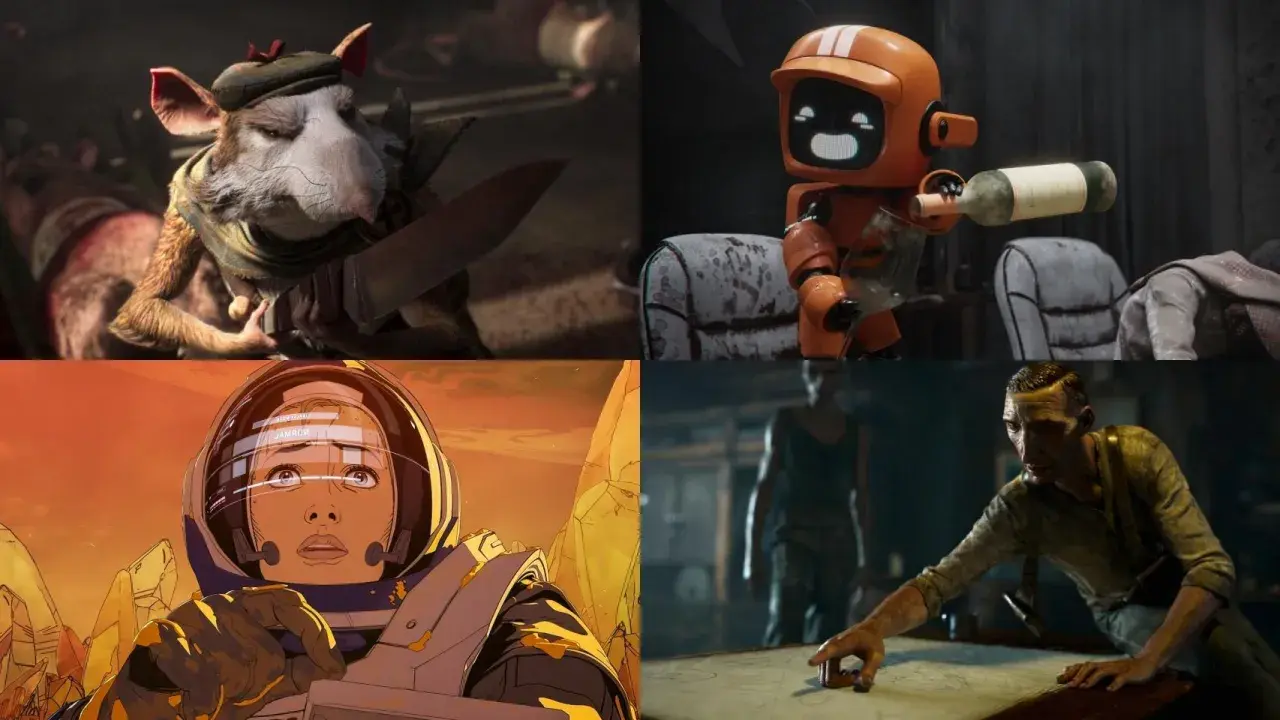Un ratón con cuchillo, un robot sirviendo vino, una astronauta y un hombre enigmático. Escenas de **amor, muerte y robots**.