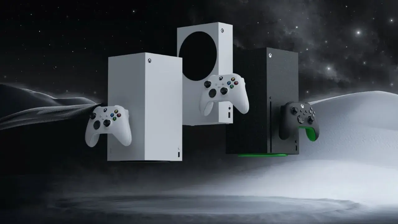 Dos consolas Xbox y sus mandos flotan en un paisaje desértico bajo un cielo estrellado. La nueva Xbox te espera.