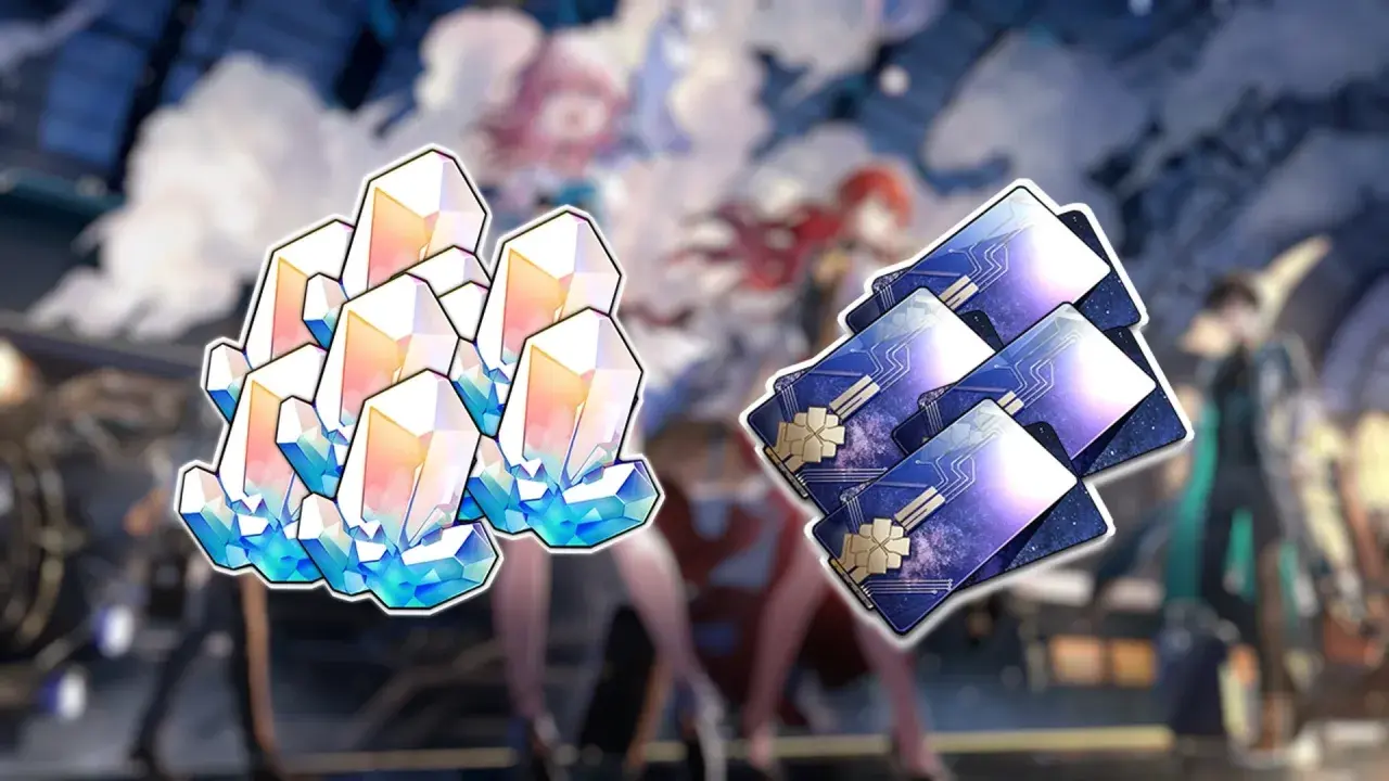 Cristales brillantes y tarjetas con diseños cósmicos, elementos clave para canjear códigos Honkai Star Rail y potenciar tu aventura.
