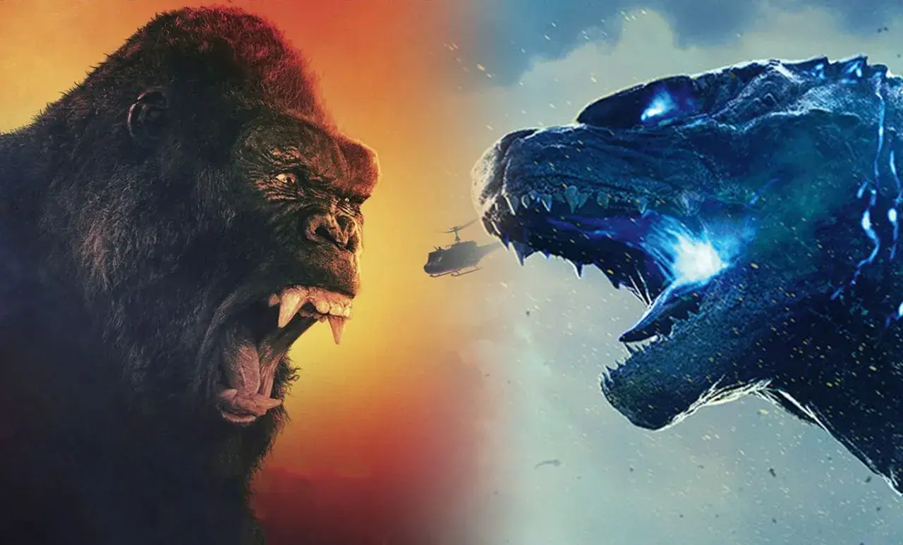 Kong y Godzilla se enfrentan en una batalla épica. Un helicóptero sobrevuela la escena.