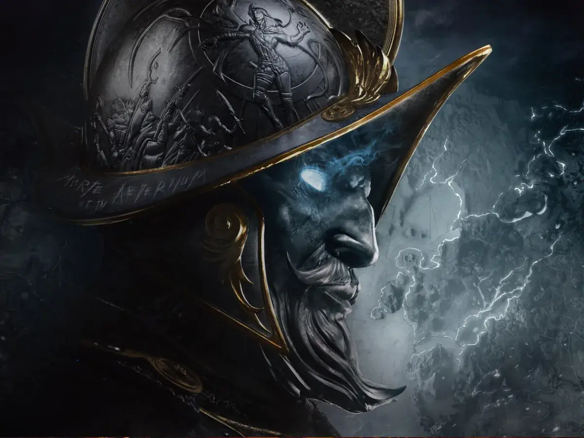 Un conquistador con ojos brillantes y un casco ornamentado, listo para explorar un nuevo mundo.