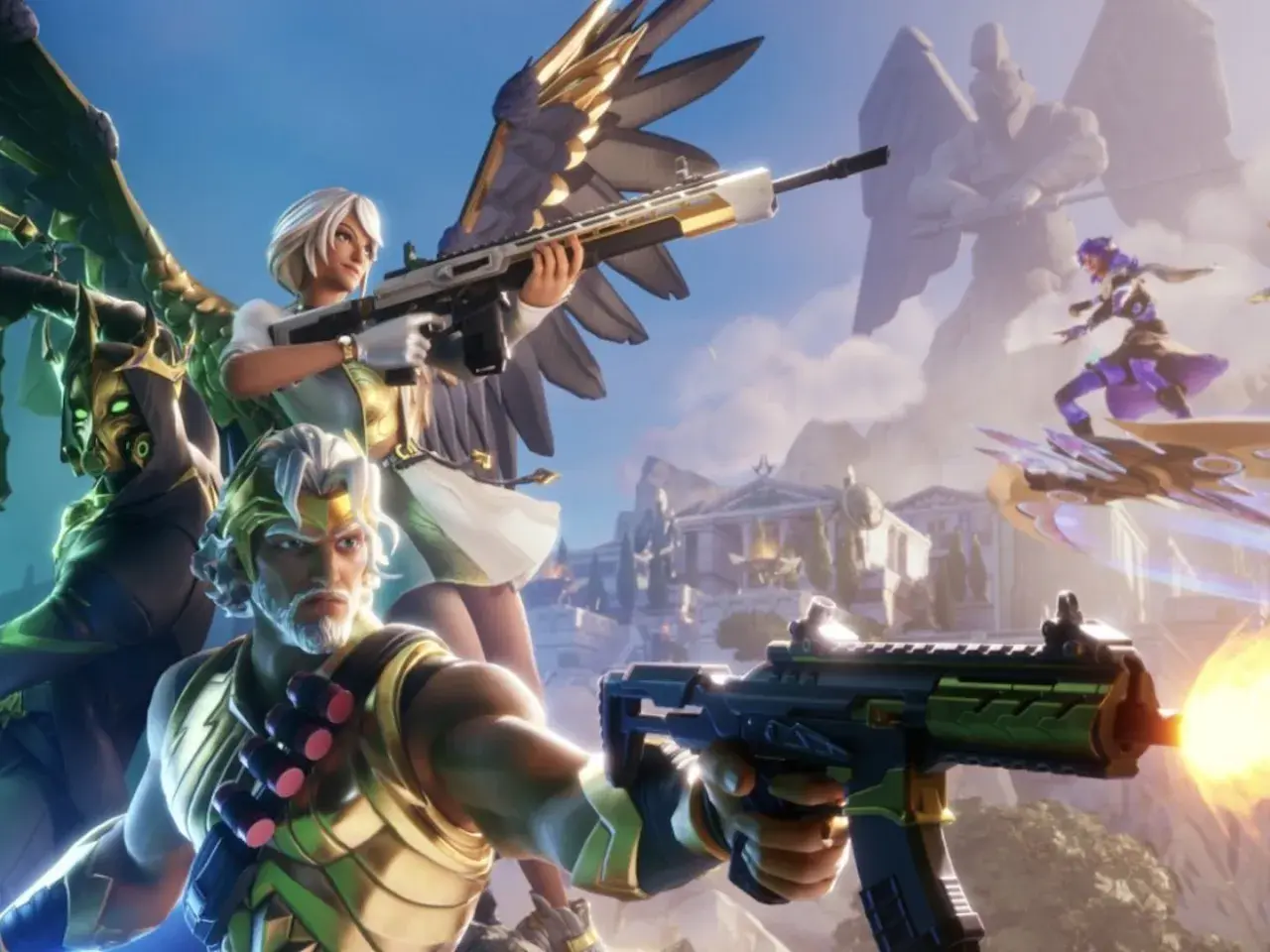 Personajes listos para la acción en la **fortnite nueva temporada**. Un guerrero dorado, una mujer con alas y un ser sombrío se preparan para el combate.