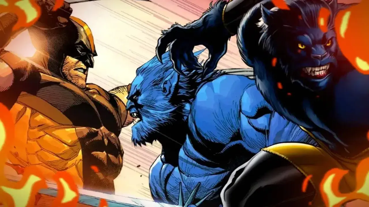 Wolverine y la bestia X-Men se enfrentan en una batalla épica, rodeados de llamas.