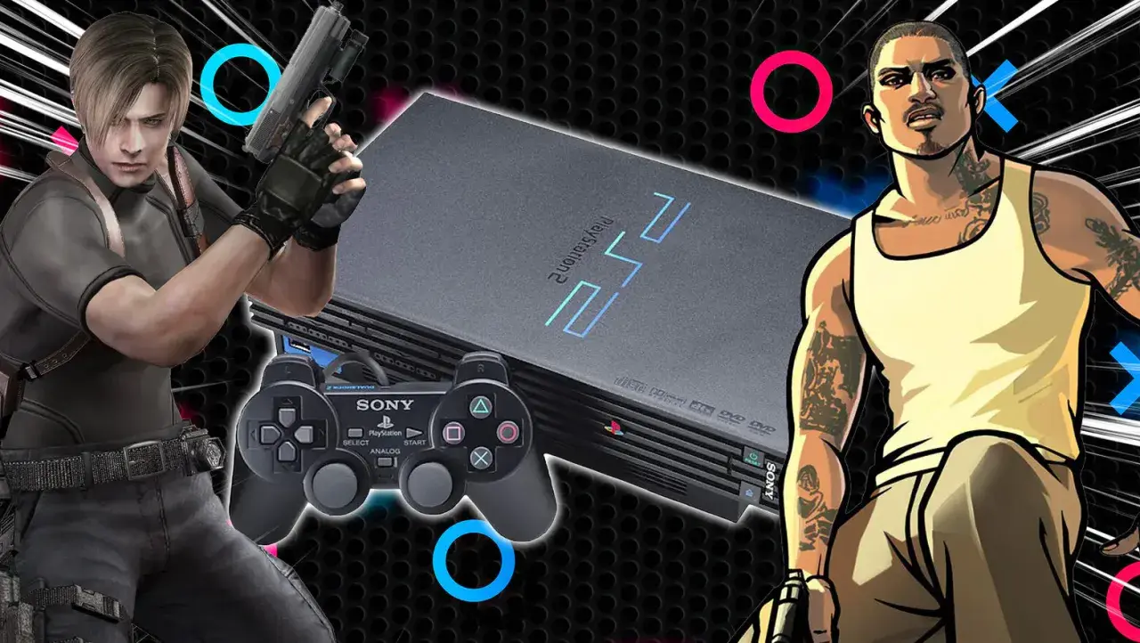 Leon S. Kennedy y CJ de GTA San Andreas junto a una PlayStation 2, evocando los mejores juegos PS2.