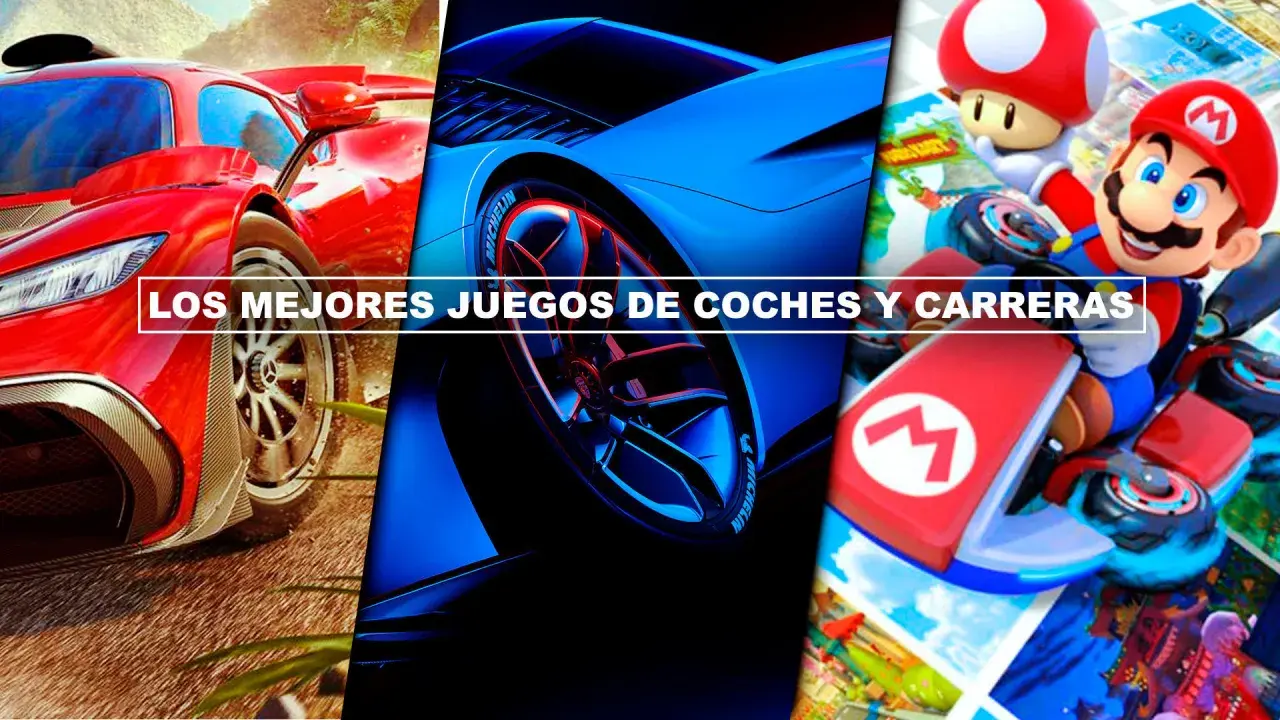Los mejores juegos de coches PC: un superdeportivo rojo, un coche azul futurista y Mario Kart.