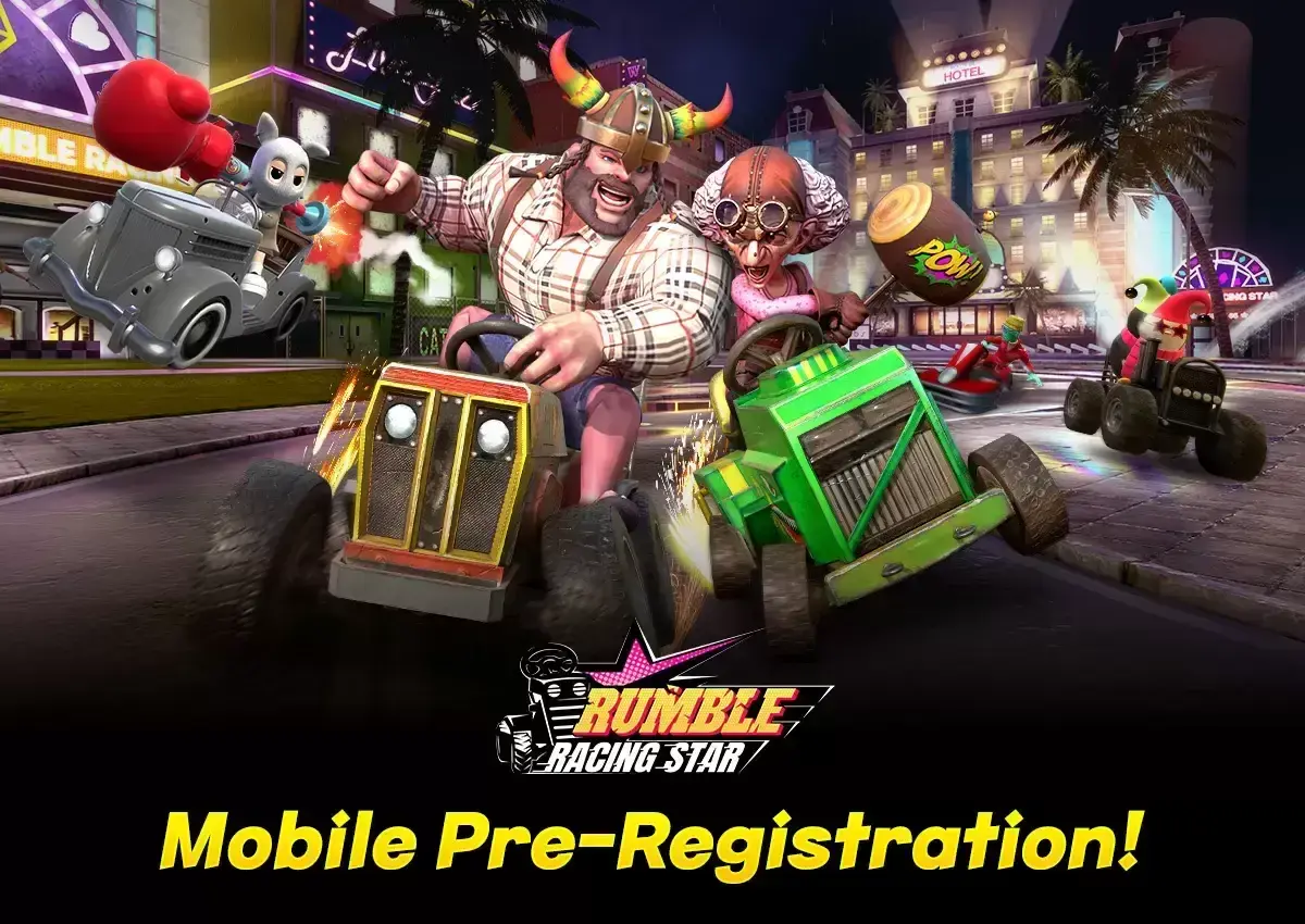 Personajes caricaturescos compiten en un rumble rush de karts. ¡Pre-registro móvil disponible!