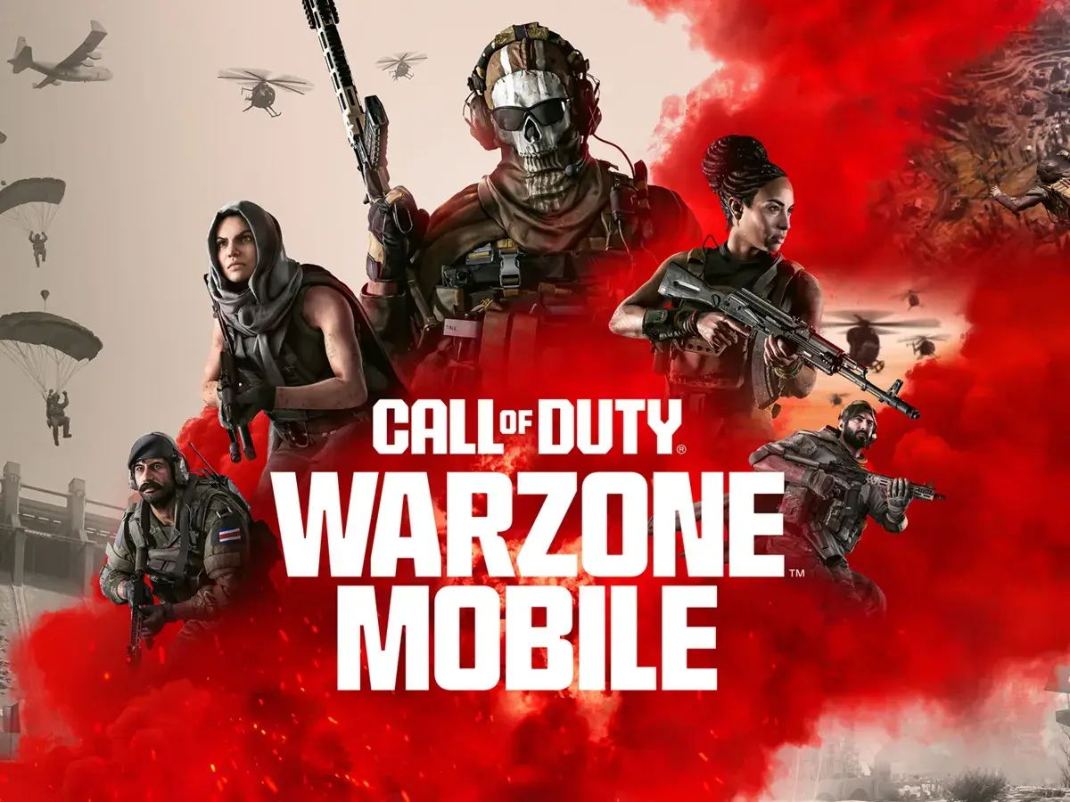 Soldados listos para la acción en Warzone Mobile. Helicópteros y paracaidistas en un fondo de humo rojo.
