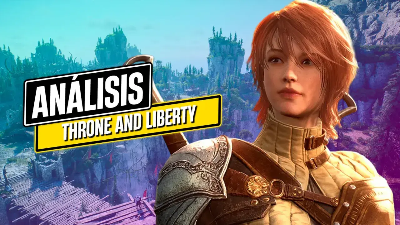 Análisis de Throne and Liberty: una guerrera con armadura se alza ante un paisaje de fantasía con islas flotantes y bosques.