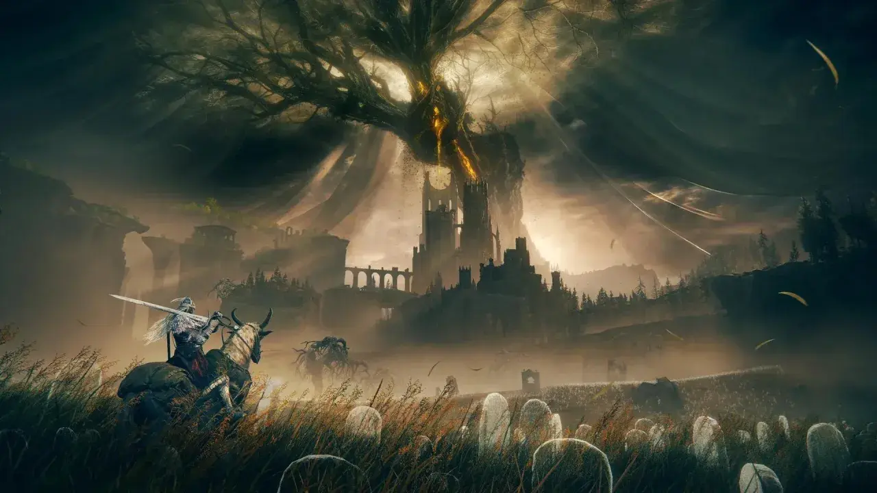Un caballero a caballo avanza por un campo de tumbas hacia un castillo imponente bajo un árbol gigante. Una escena épica de juegos de rol pc.
