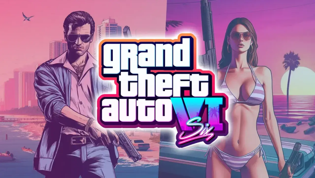 El arte promocional de GTA 6 muestra a un hombre con gafas de sol y una mujer en bikini, ambos armados, con un paisaje de ciudad y playa de fondo.