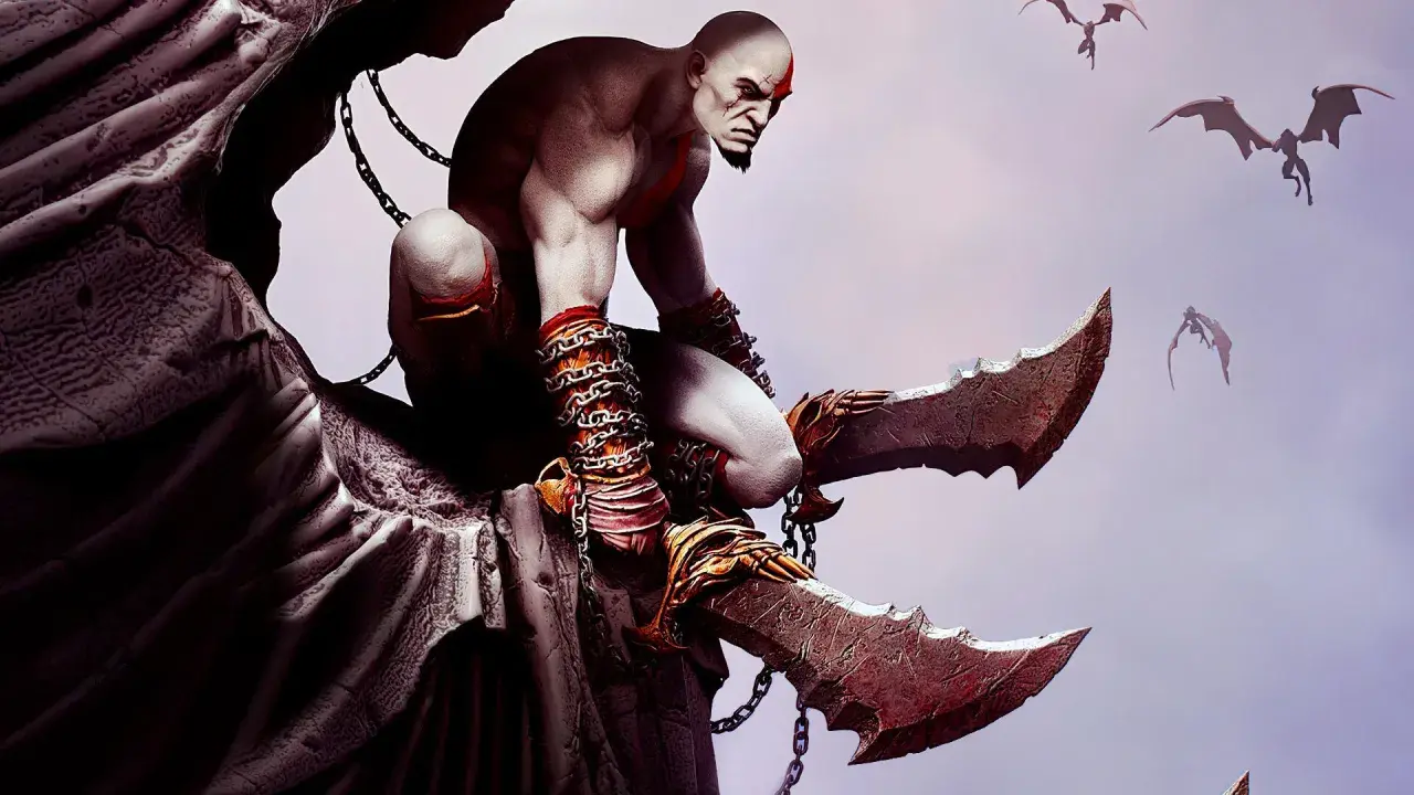 Kratos, el dios de la guerra, se agazapa con sus espadas del caos. Criaturas aladas vuelan en el cielo.