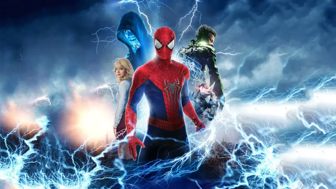 Spider-Man, Gwen Stacy, Electro y Green Goblin en una tormenta eléctrica. El arte de the amazing spider-man comic es épico.