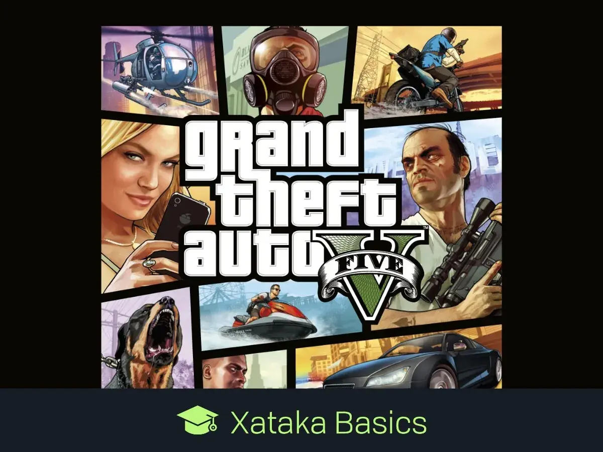Portada de GTA V con personajes y vehículos. Descubre trucos GTA 5 PC para dominar Los Santos.