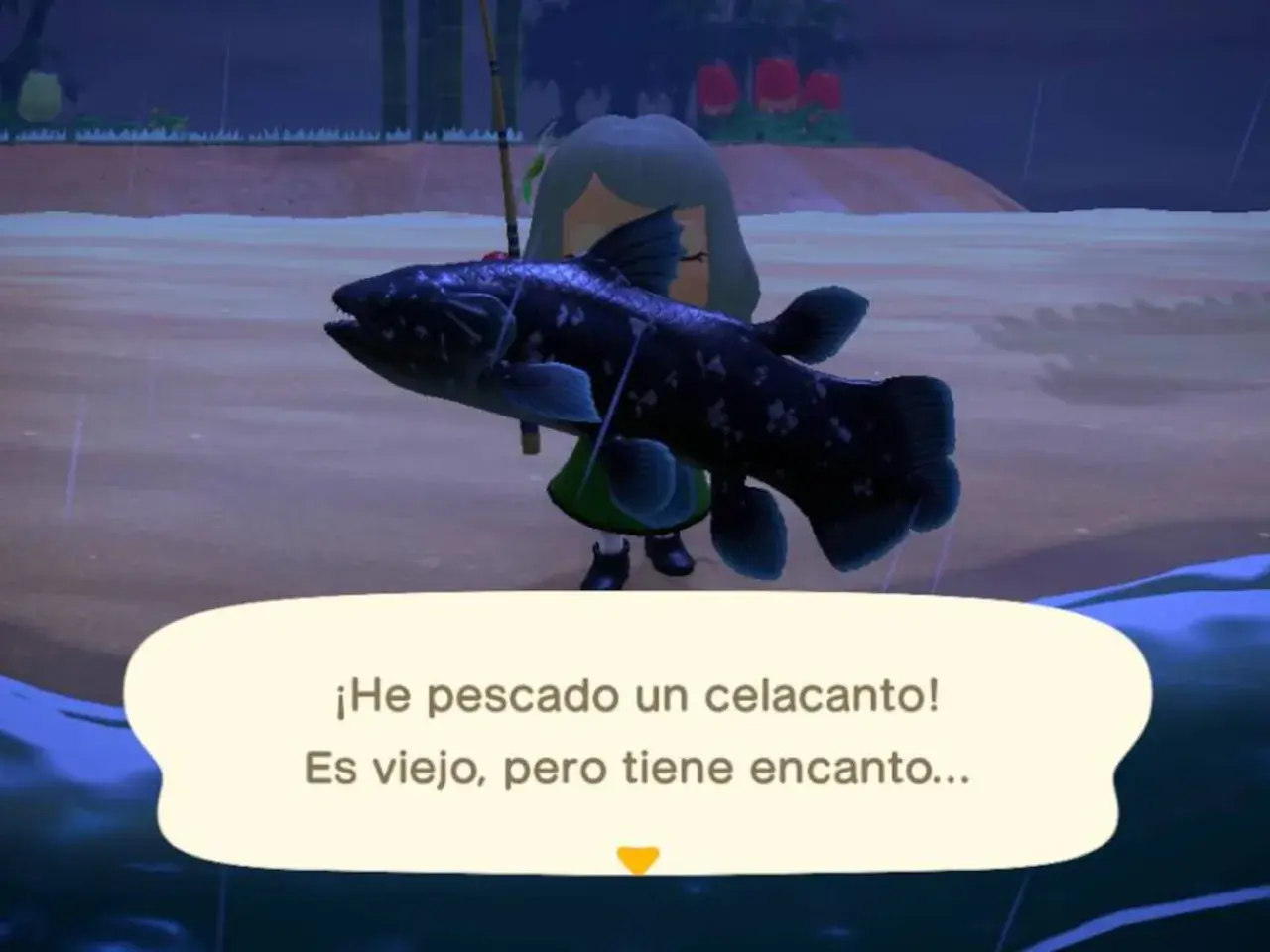 Un jugador de Animal Crossing: New Horizons pesca un celacanto, un pez antiguo y fascinante.