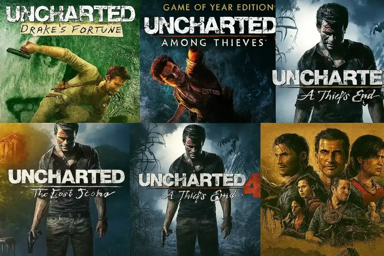 Collage de portadas de la saga Uncharted, mostrando a Nathan Drake en diversas aventuras.