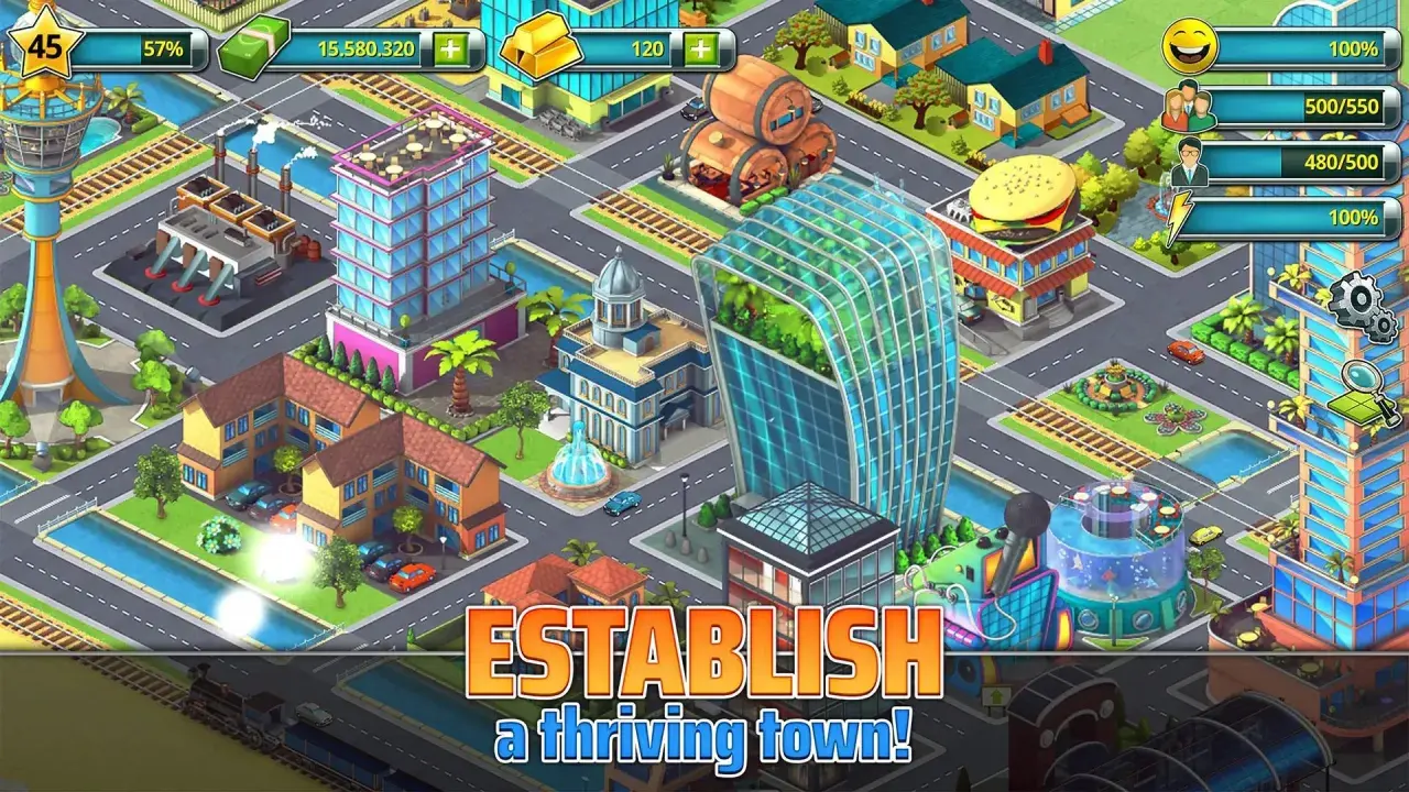 Ciudad vibrante en juegos de construcción pc. Edificios modernos, parques y transporte. ¡Construye tu metrópolis!