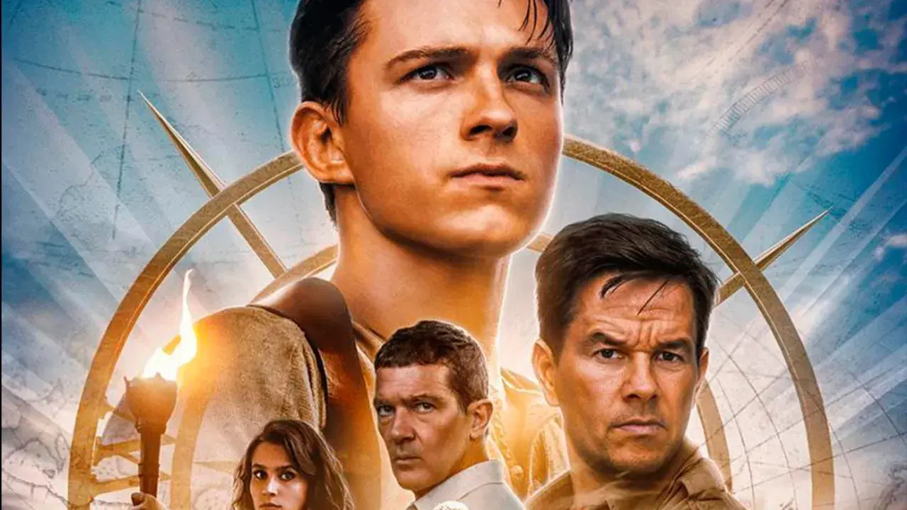 El póster de la película Uncharted 2 muestra a Tom Holland, Mark Wahlberg y Antonio Banderas, listos para una aventura.