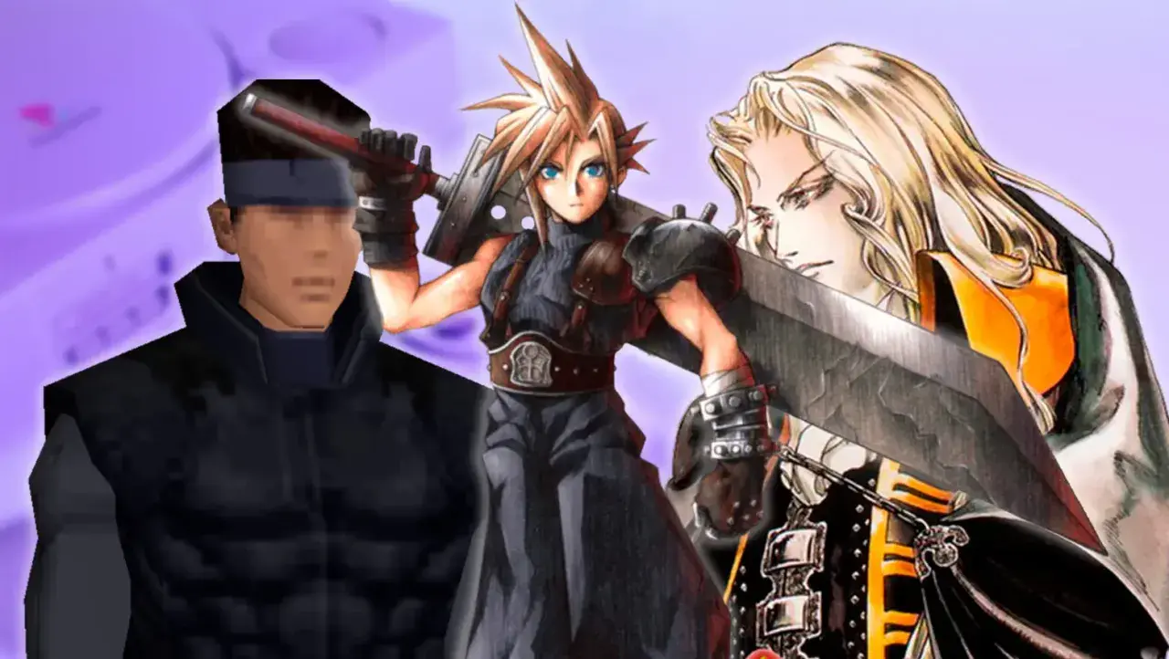 Personajes icónicos de los mejores juegos PS1: Snake, Cloud y Alucard.