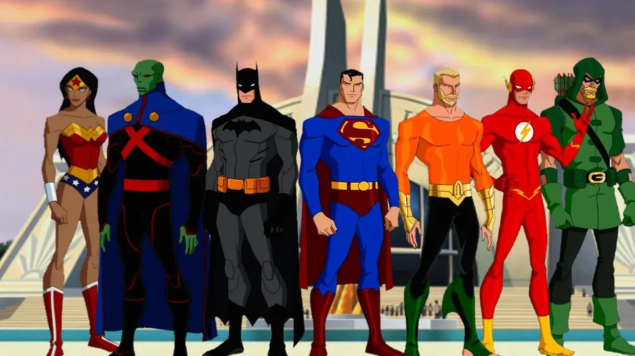 Los personajes de la Liga de la Justicia, incluyendo a Wonder Woman, Martian Manhunter, Batman, Superman, Aquaman, Flash y Green Arrow, posan juntos.