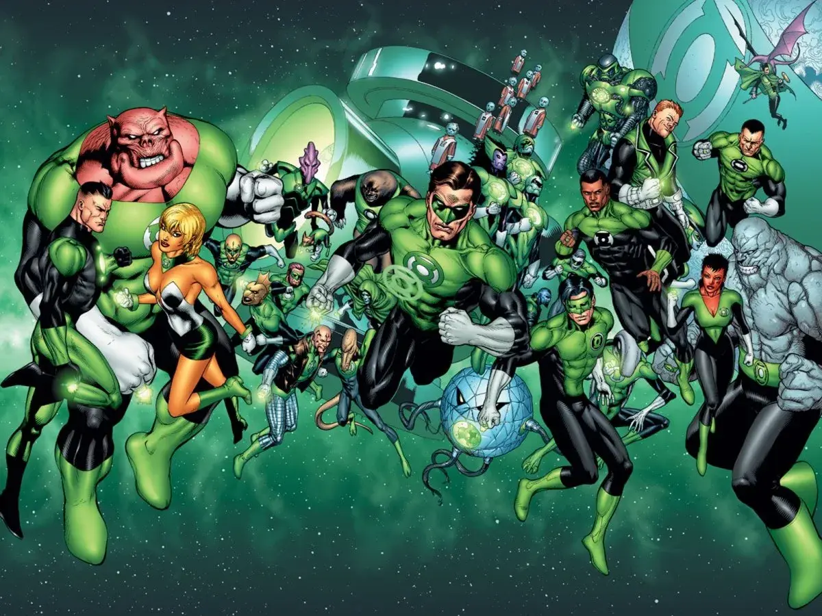 Un grupo diverso de Linternas Verdes de DC, liderados por Hal Jordan, se preparan para la batalla en el espacio.