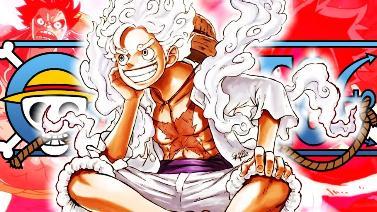 Luffy en su forma Gear 5, con cabello blanco y sonrisa radiante, rodeado de símbolos de One Piece. Muestra sus increíbles transformaciones.