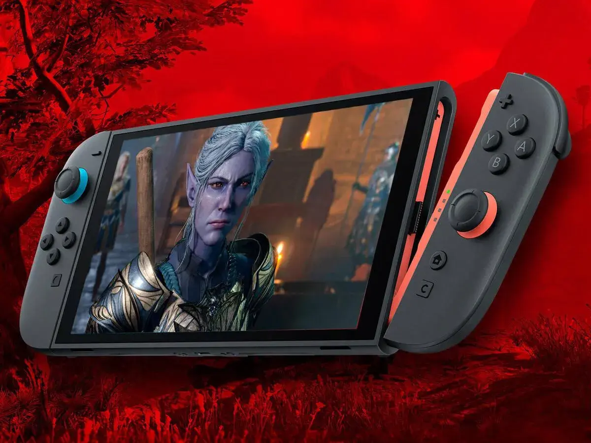 Nintendo Switch con un elfo de Baldur's Gate 3 en pantalla. ¡La aventura te espera!