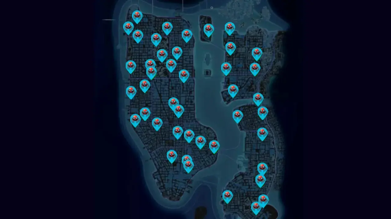 Mapa de Nueva York con marcadores de spiderbots para Spider-Man 2.