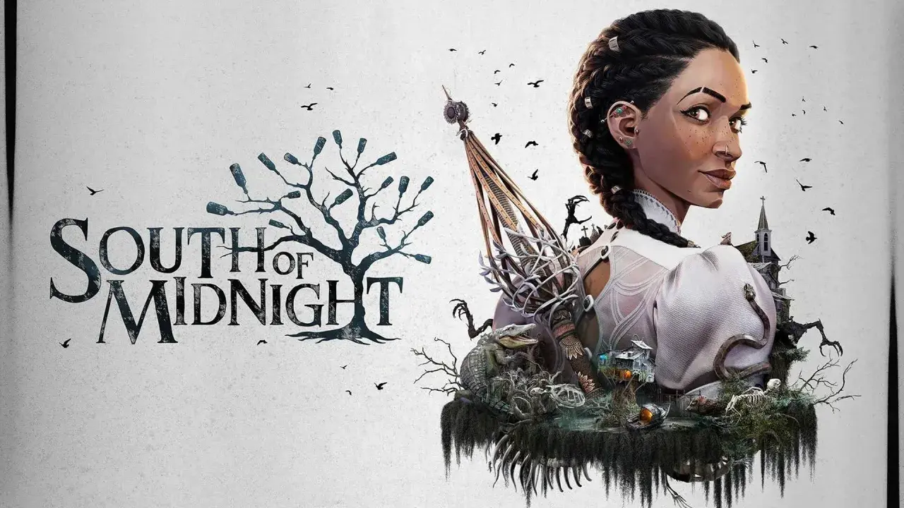 El título "South of Midnight" junto a una mujer con trenzas, un cocodrilo, esqueletos y una iglesia sombría.